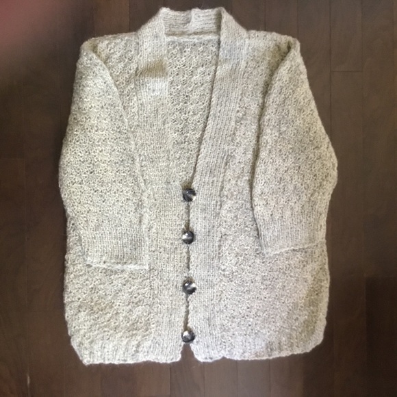 Vintage Sweaters - HAND KNIT oversized Oatmeal Grandpa Cardigan XL 1X